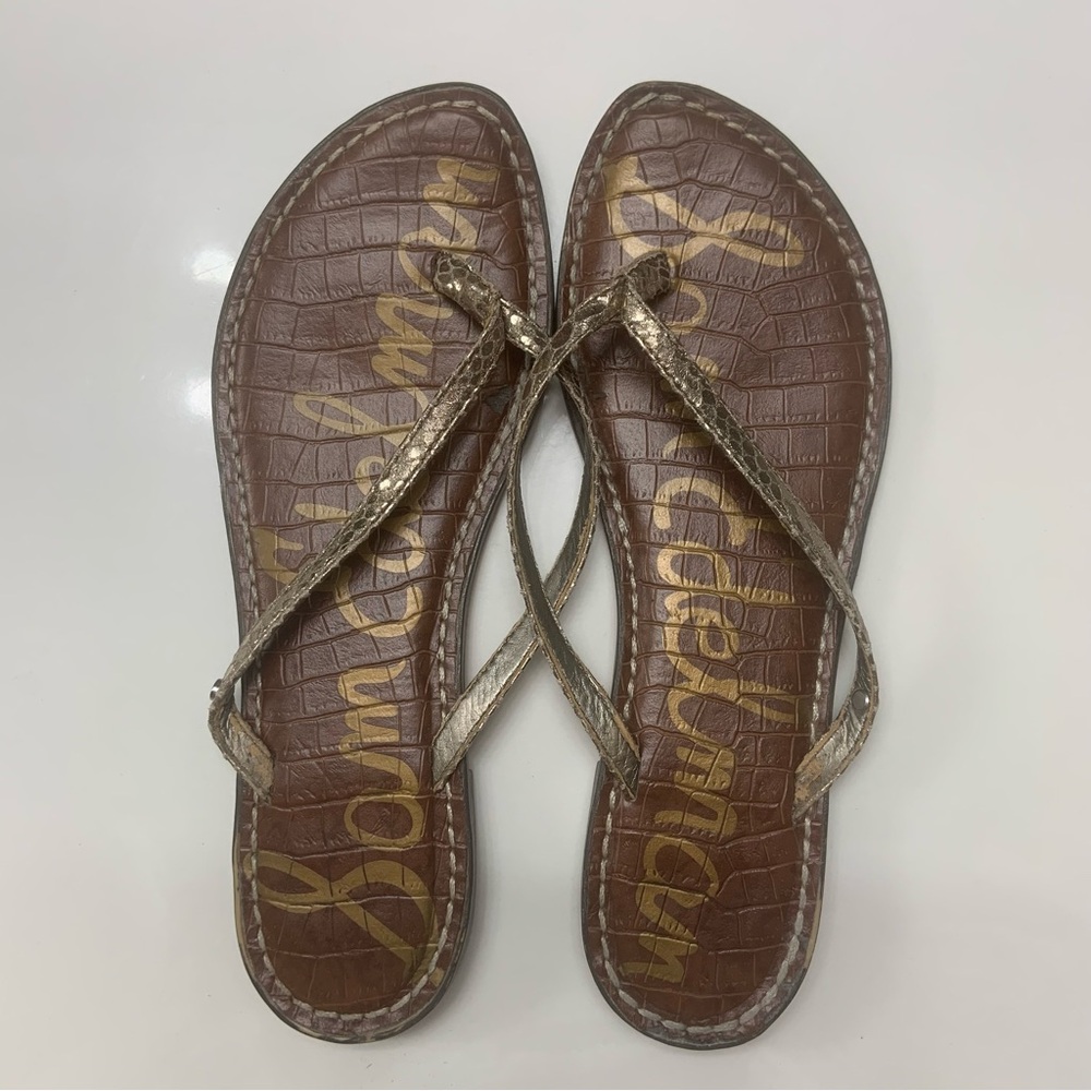 Sam Edelman Gracie Brown Leather Flip Flop Sandals with Metallic Straps